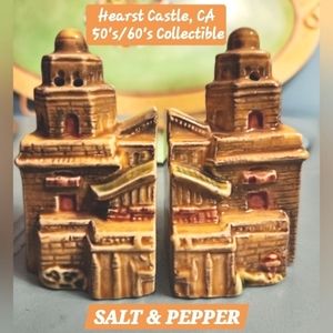 60s HEARST CASTLE Kitsch State Landmark Souvenir Royal Gold Salt Pepper Shakers